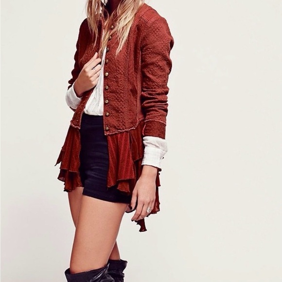 Free People Red Mulitary Ruffled Jacket Sz 10 - Picture 4 of 5